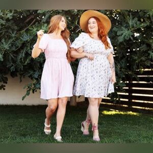 LuLaRoe XL Pink White Floral Alina Nap Short Bubble Sleeve Square Neck Dress